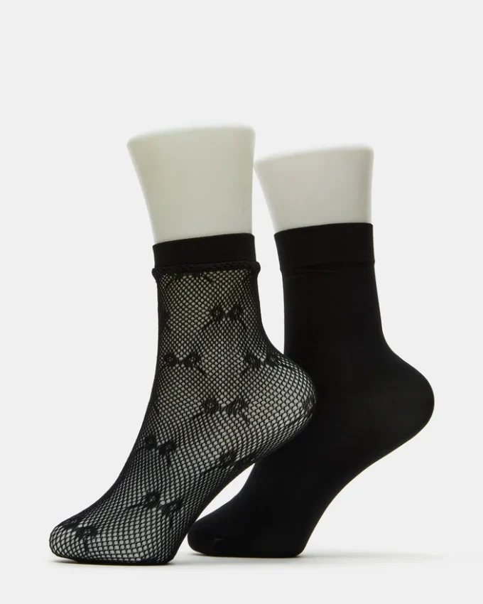 Lot de 2 paires de chaussettes en résille à nœud, noires