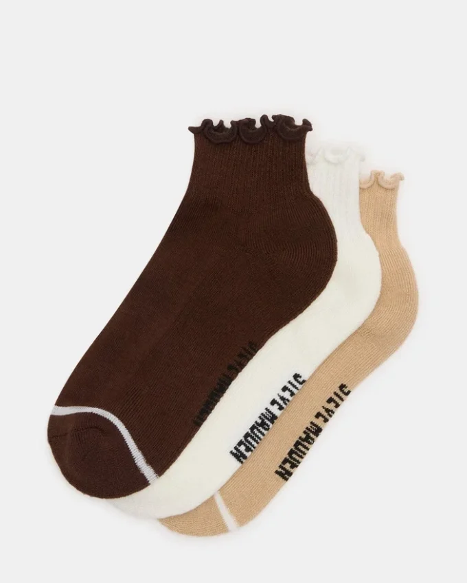 Lot de 3 paires de chaussettes à bordure festonnée Cheer, marron