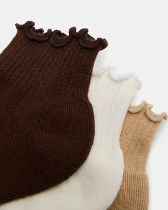 Lot de 3 paires de chaussettes à bordure festonnée Cheer, marron