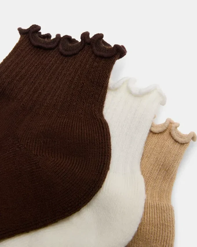 Lot de 3 paires de chaussettes à bordure festonnée Cheer, marron