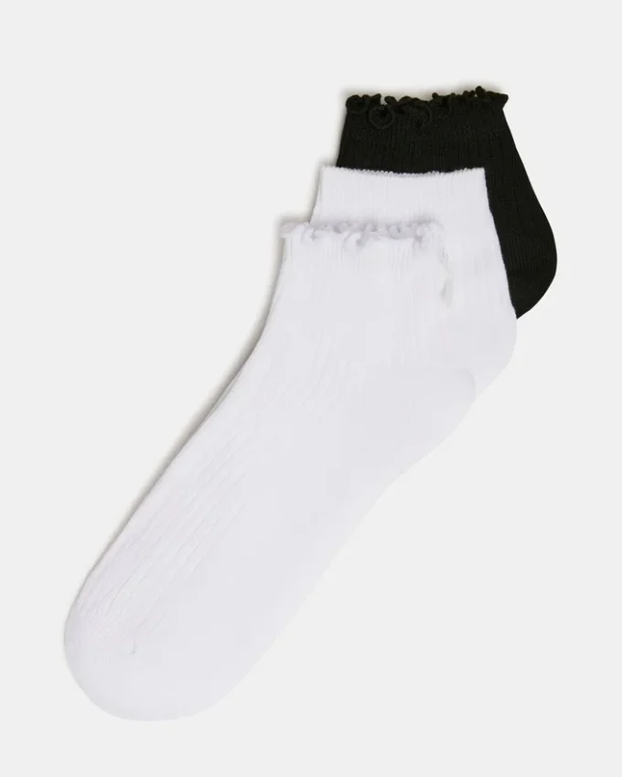 Lot de 3 paires de chaussettes Emma à bordure festonnée, blanc/noir