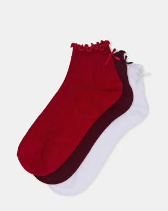 Lot de 3 paires de chaussettes Melody à bordure festonnée et nœud, rouge multicolore
