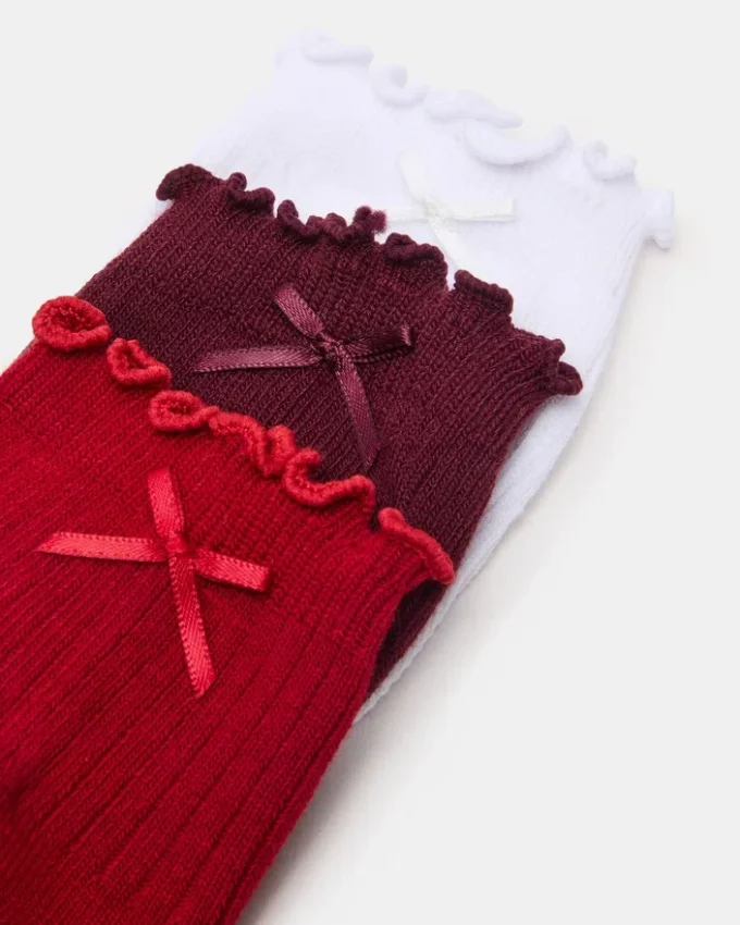 Lot de 3 paires de chaussettes Melody à bordure festonnée et nœud, rouge multicolore