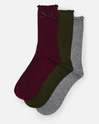 Lot de 3 paires de chaussettes mi-mollet à nœud en velours Folly Cherry Lot de 3 paires de chaussettes mi-mollet à nœud en velours Folly Cherry