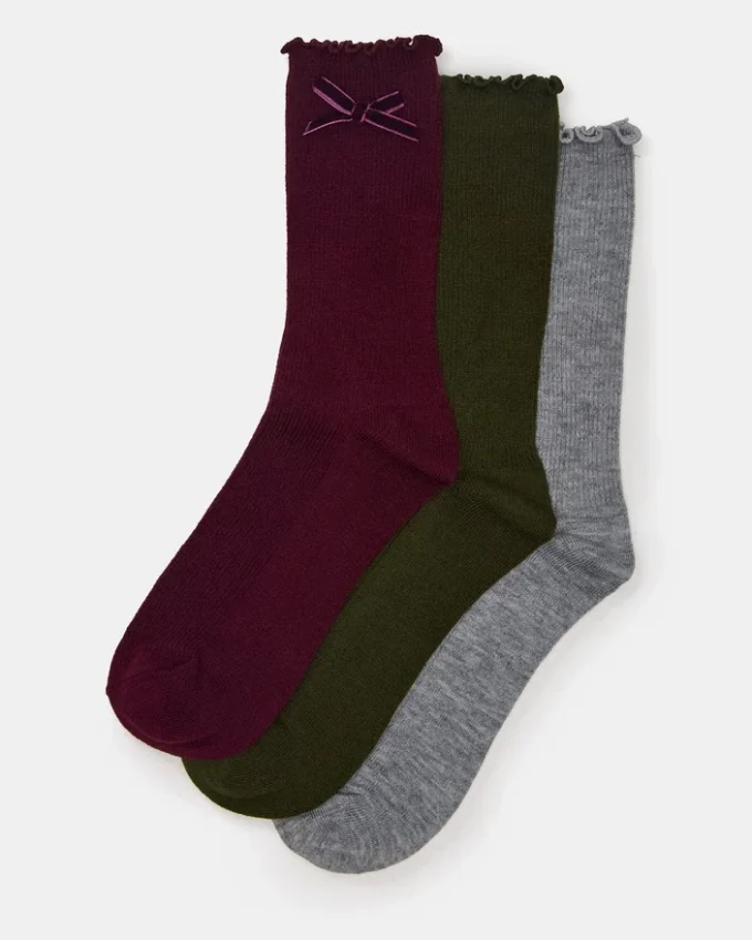 Lot de 3 paires de chaussettes mi-mollet à nœud en velours Folly Cherry