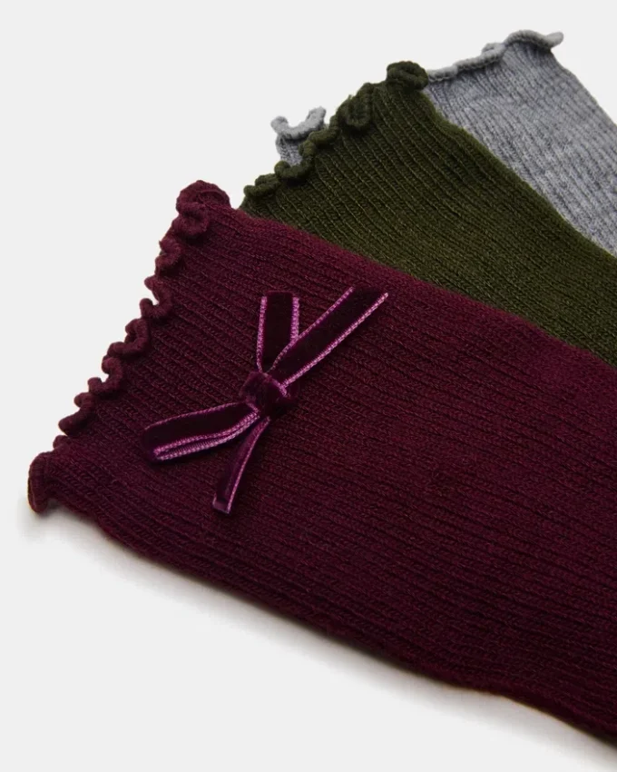 Lot de 3 paires de chaussettes mi-mollet à nœud en velours Folly Cherry